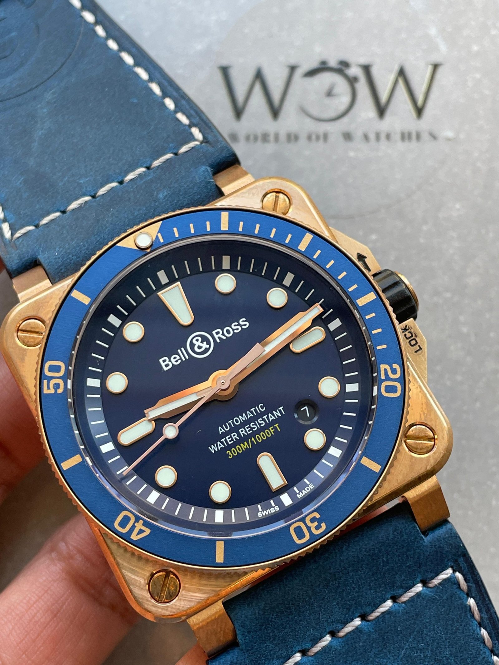 BR03-92 Diver 42mm Bronze BR Blue Dial on Blue Leather Strap A2824 - Image 2