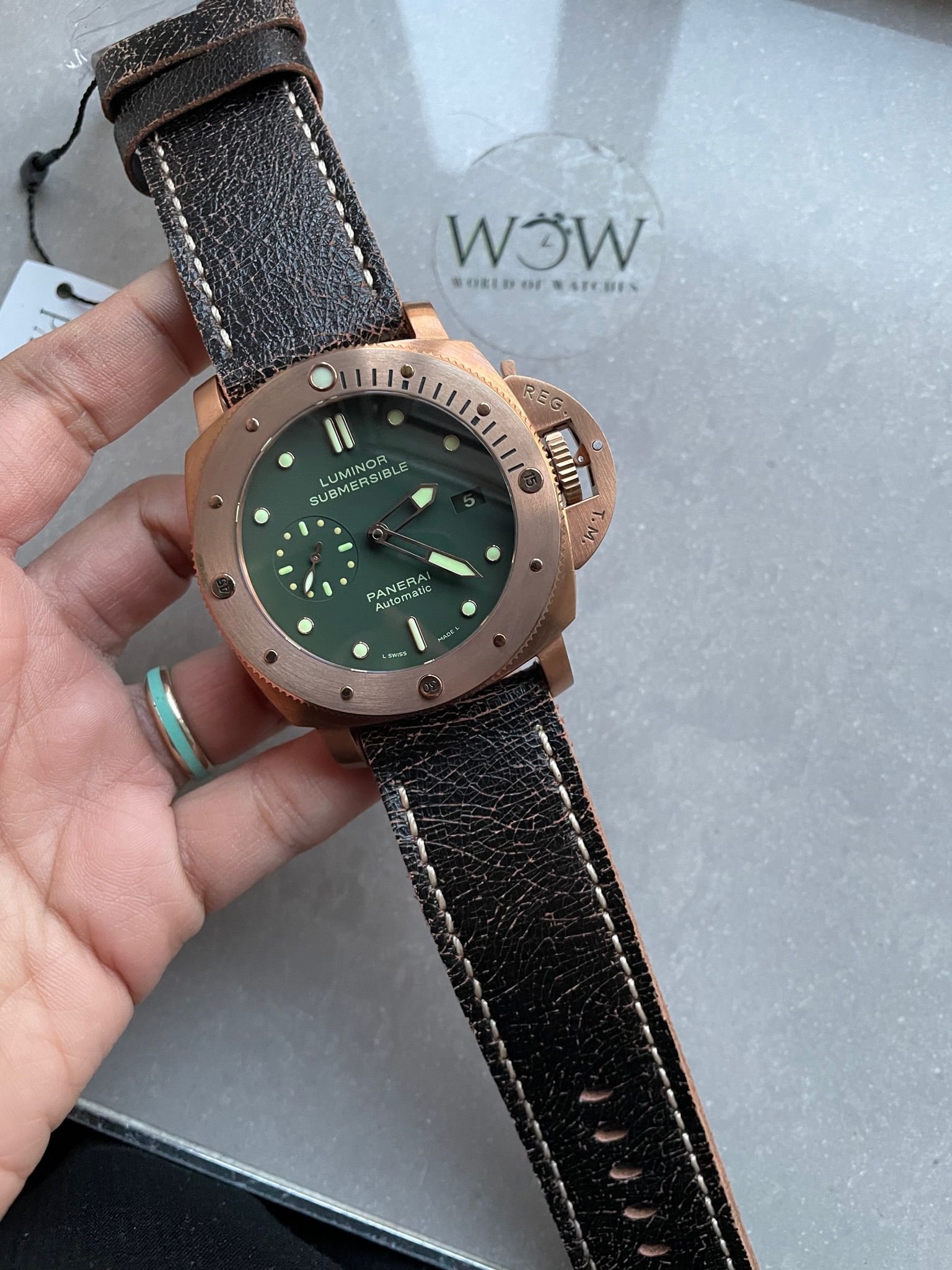 PAM382 N Bronzo VSF 1:1 Best Edition on Green dial on Brown Distressed Calfskin Strap P.9000