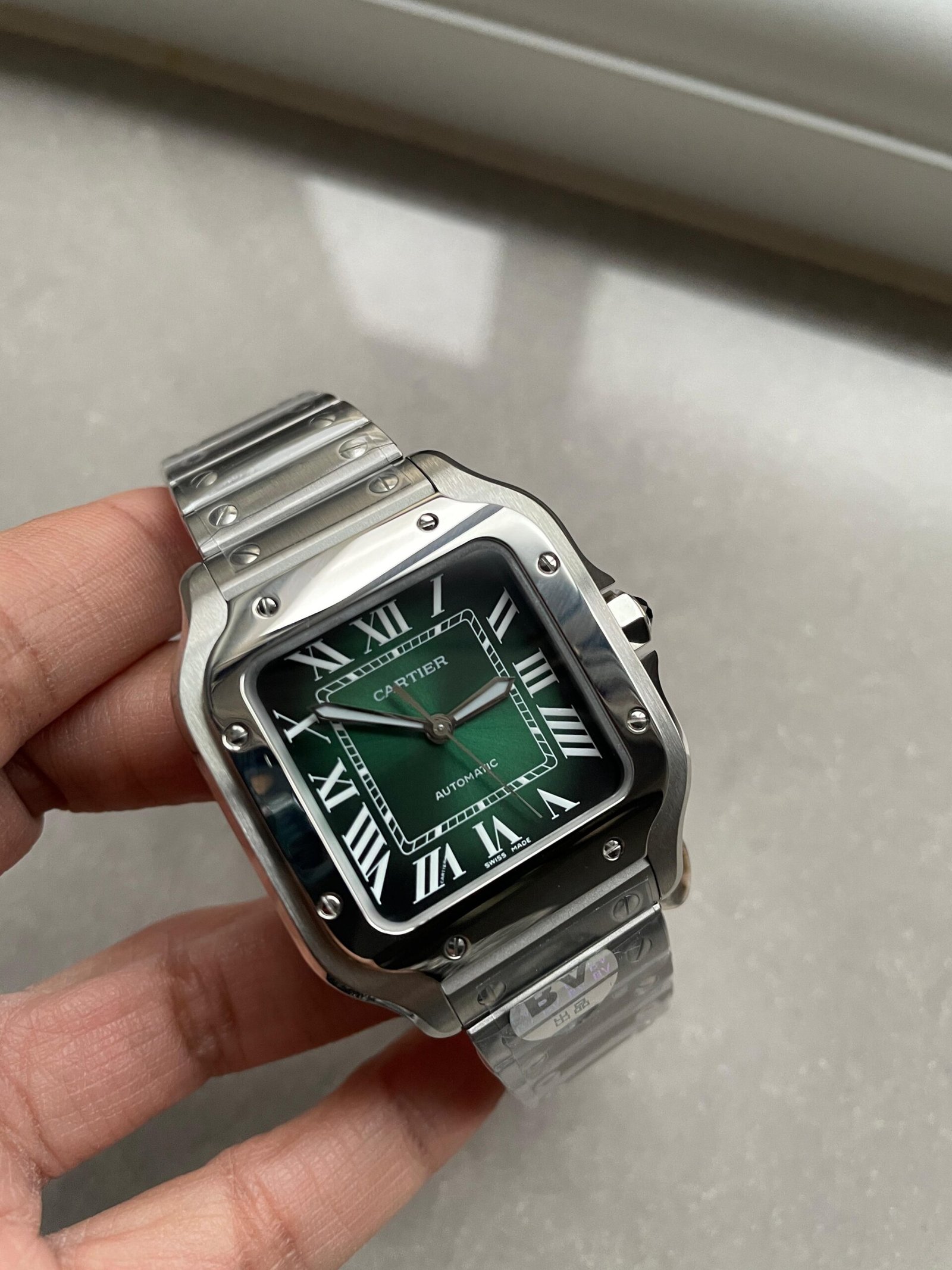 Santos 35mm 2018 SS BVF 1:1 Best Edition Green Dial on SmartLinks Bracelet MIYOTA 9015 - Image 7