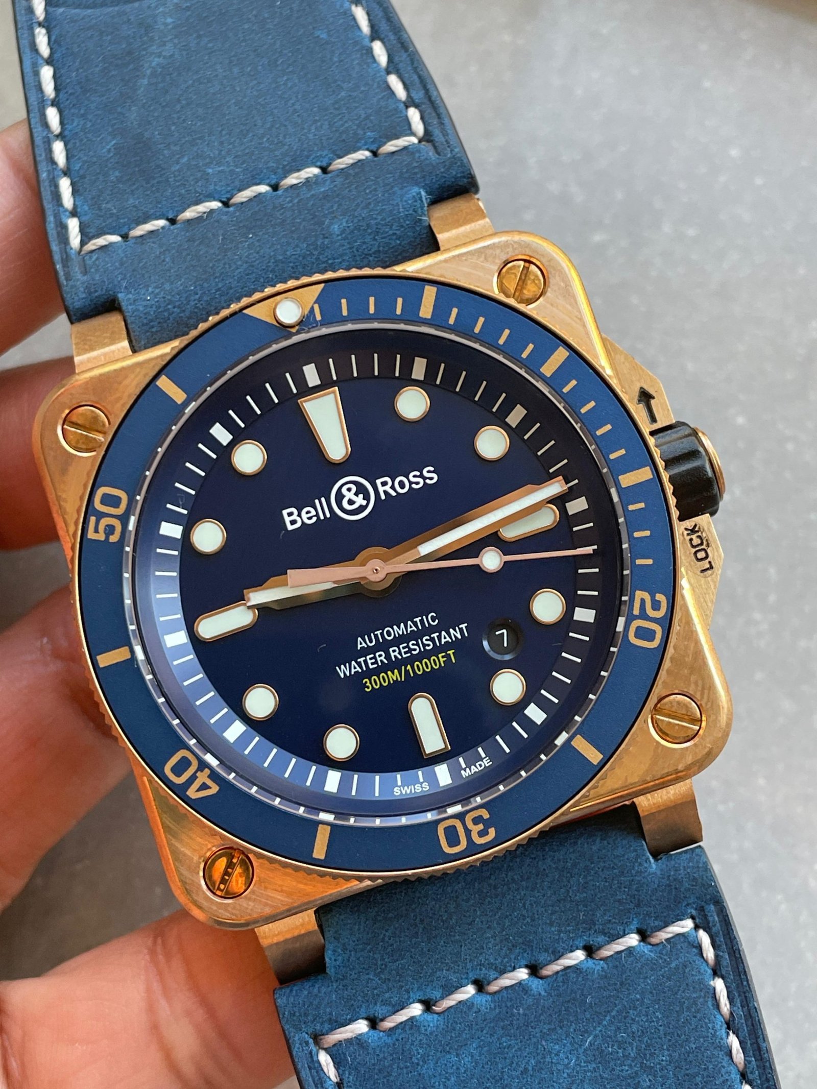 BR03-92 Diver 42mm Bronze BR Blue Dial on Blue Leather Strap A2824 - Image 3