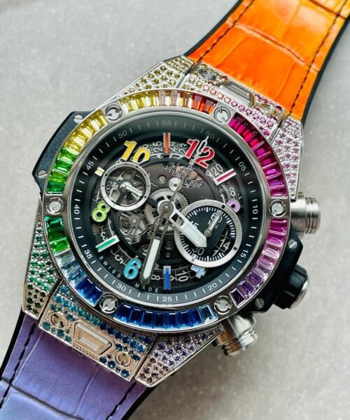 Big Bang Unico Titanium Rainbow SS/Diam Diam Bezel Black Skeletonal Dial on Rubber Strap ZF A1280 - Image 4