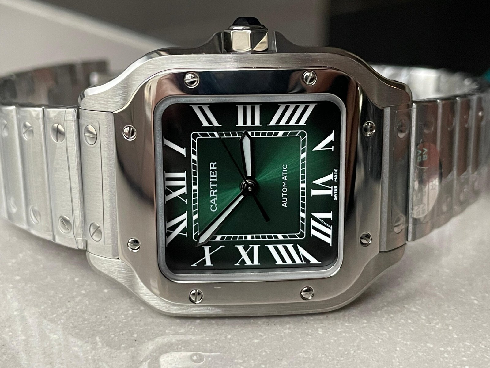 Santos 35mm 2018 SS BVF 1:1 Best Edition Green Dial on SmartLinks Bracelet MIYOTA 9015 - Image 4