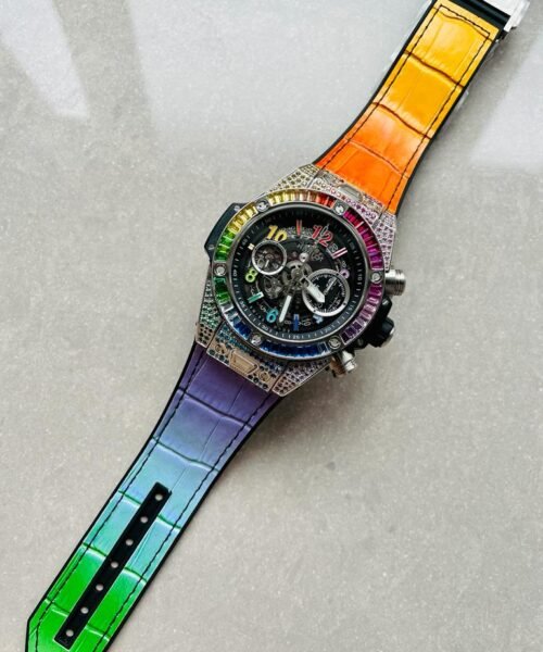 Big Bang Unico Titanium Rainbow SS/Diam Diam Bezel Black Skeletonal Dial on Rubber Strap ZF A1280 - Image 3