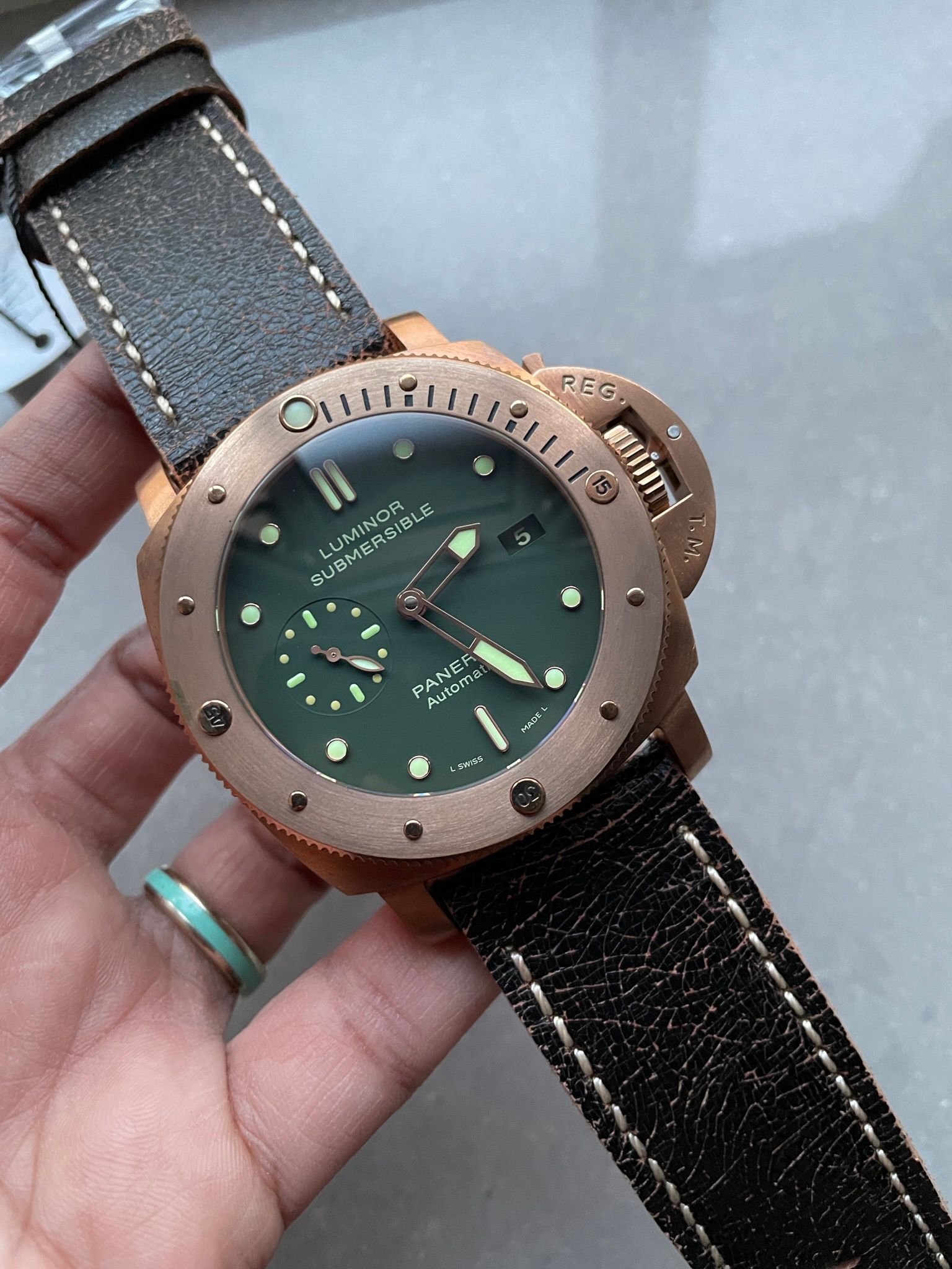 PAM382 N Bronzo VSF 1:1 Best Edition on Green dial on Brown Distressed Calfskin Strap P.9000 - Image 7