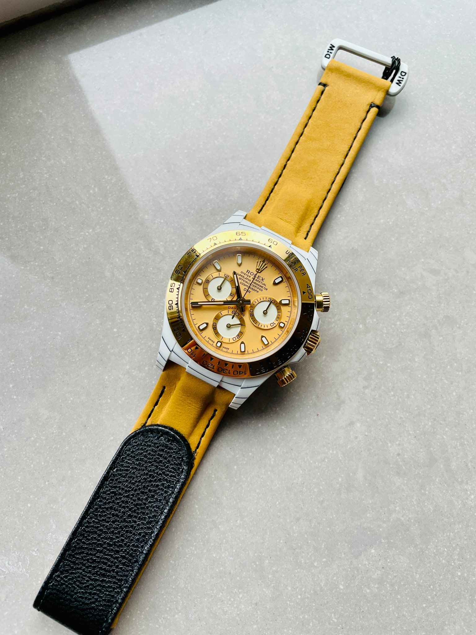 Daytona DIW White Carbon/YG DIWF Best Edition Gold Dial on Black Nylon Strap A7750 - Image 2