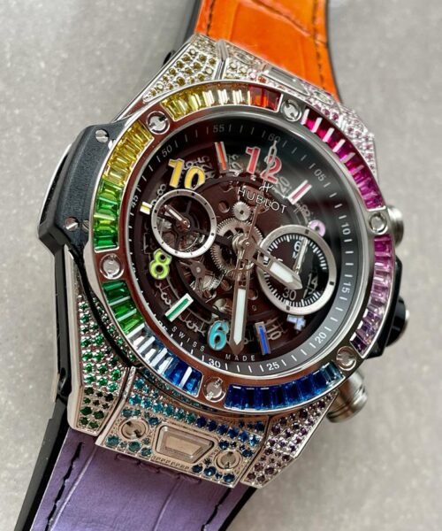 Big Bang Unico Titanium Rainbow SS/Diam Diam Bezel Black Skeletonal Dial on Rubber Strap ZF A1280 - Image 7