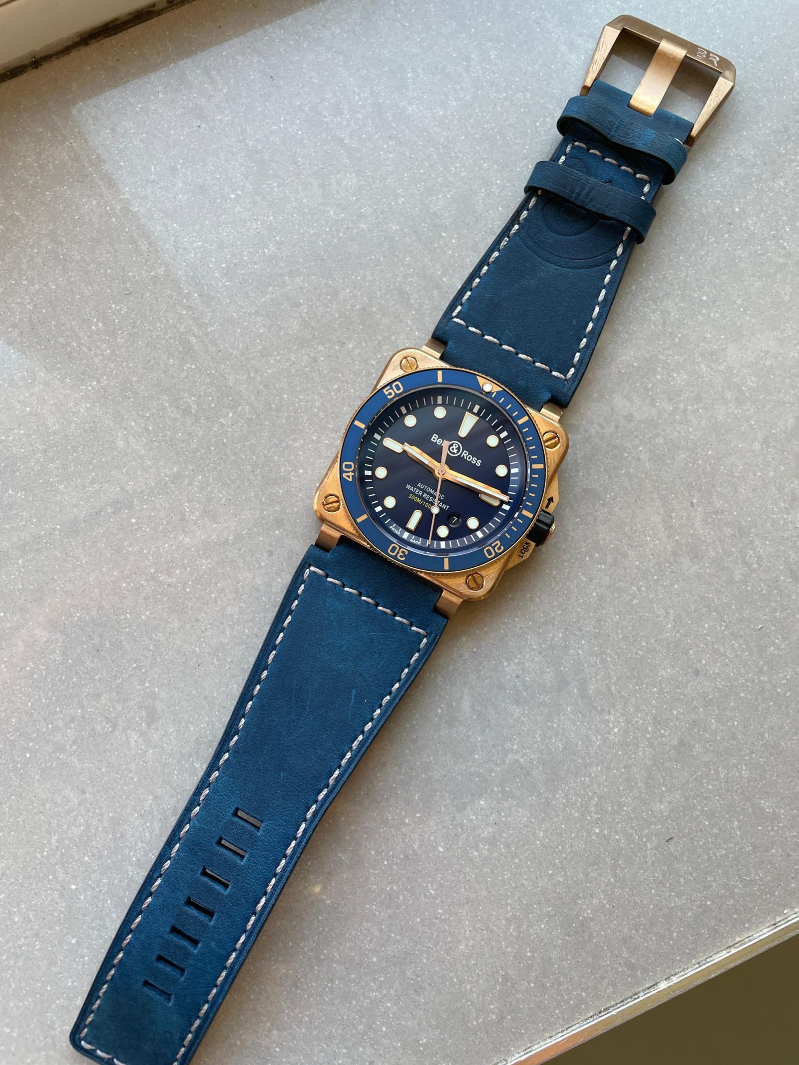 BR03-92 Diver 42mm Bronze BR Blue Dial on Blue Leather Strap A2824 - Image 8
