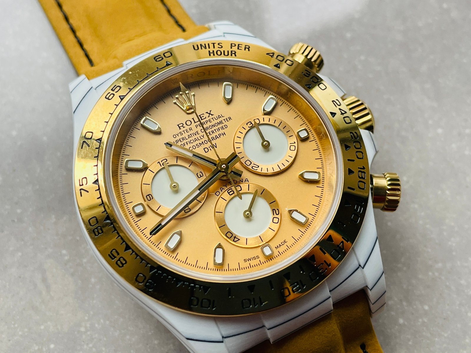 Daytona DIW White Carbon/YG DIWF Best Edition Gold Dial on Black Nylon Strap A7750 - Image 5