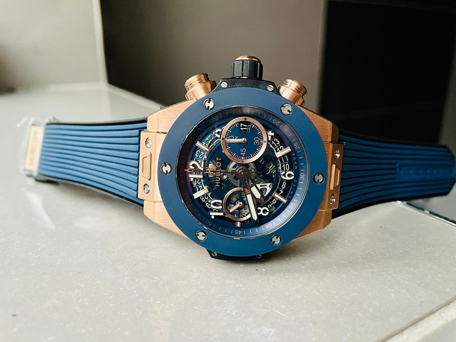 Hublot Big Bang Unico Rose Gold ZF 1:1 Best Blue Skeleton Dial on Rubber Strap A1280 - Image 3