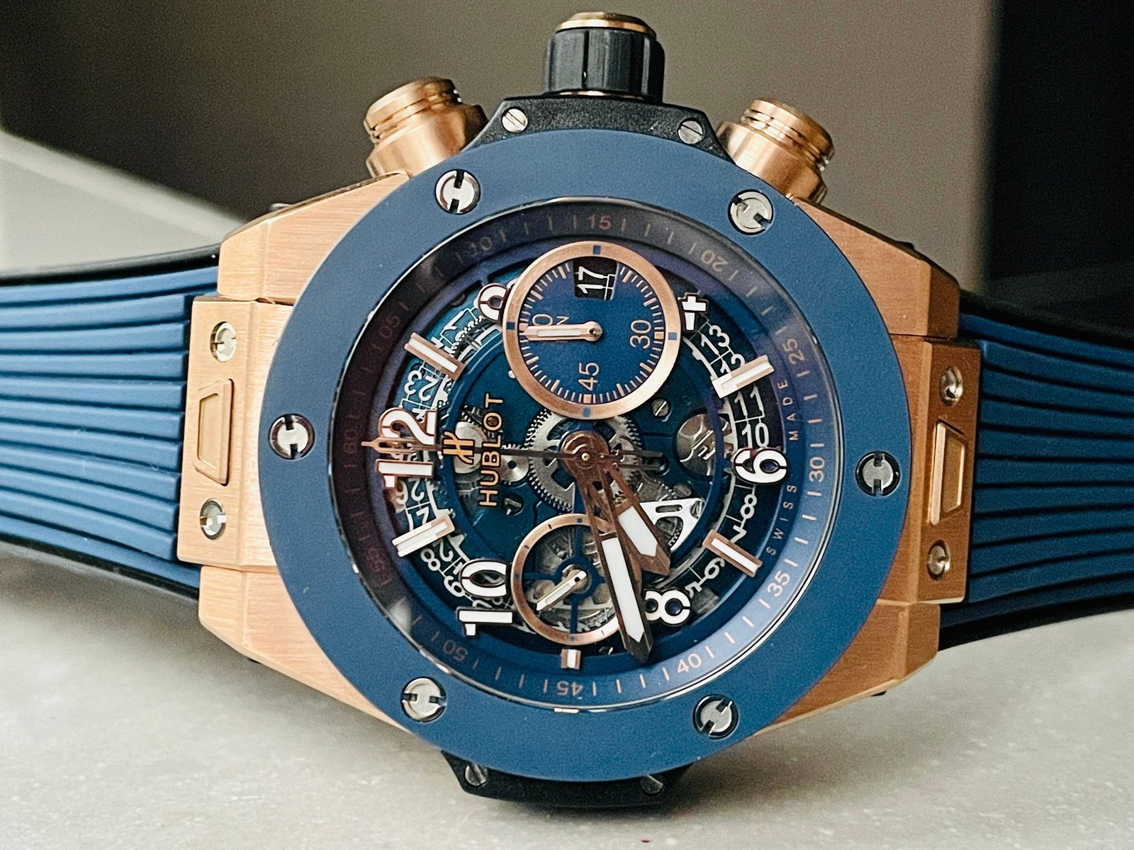 Hublot Big Bang Unico Rose Gold ZF 1:1 Best Blue Skeleton Dial on Rubber Strap A1280 - Image 9