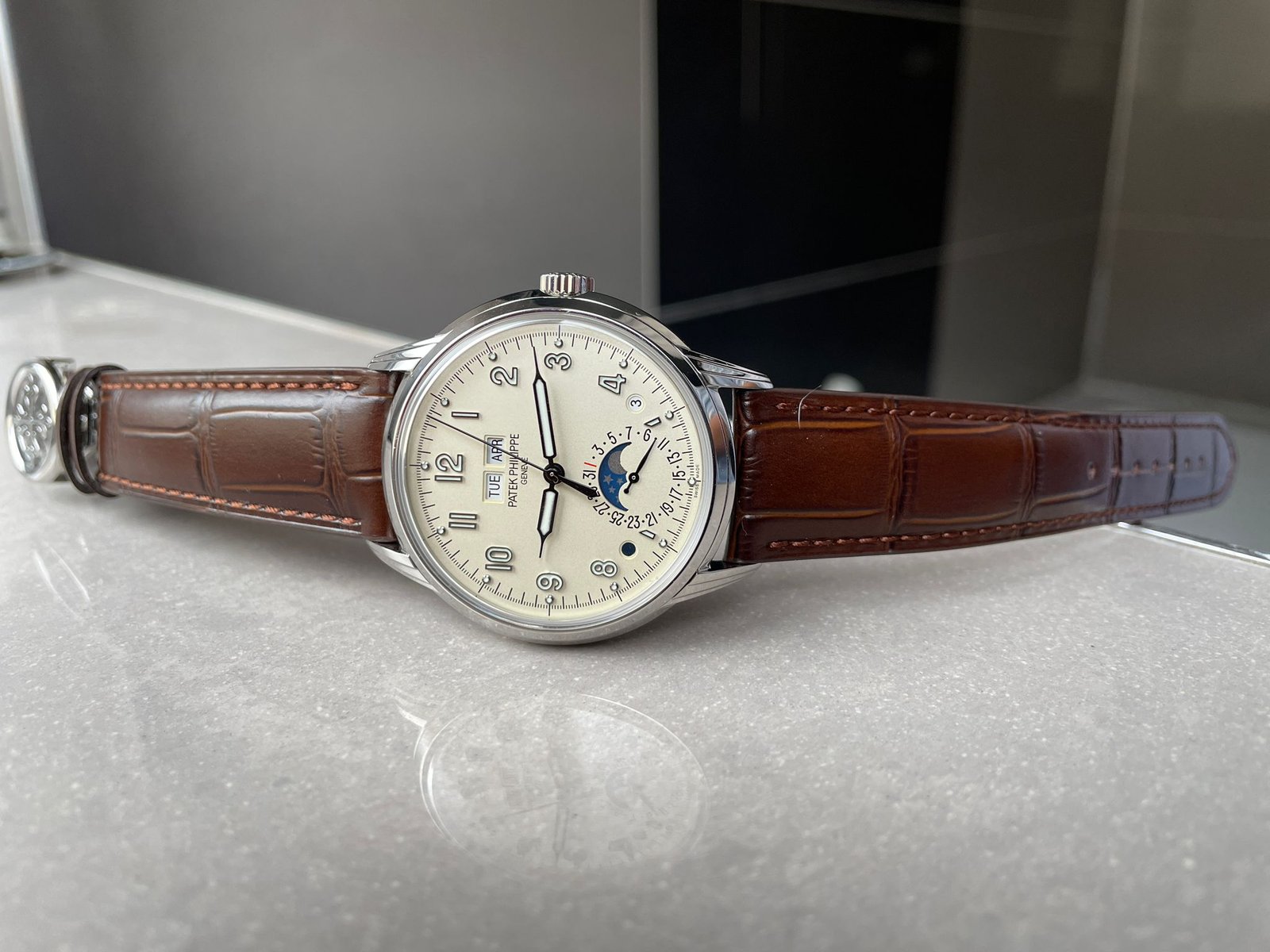 Perpetual Calendar 5320G-001 SS GSF 1:1 Best Edition Cream Dial on Brown Leather Strap A324 - Image 5