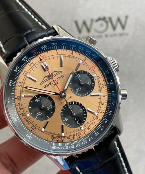 Navitimer 01 1:1 SS salmon Dial on Brown leather Strap A7750 BLS Factory - Image 2
