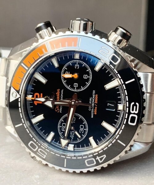 Planet Ocean SeaMaster Chronometer OMF SS Black/Orange Polished Bezel Black Dial on SS Bracelet A9900 (Black Balance Wheel) - Image 3
