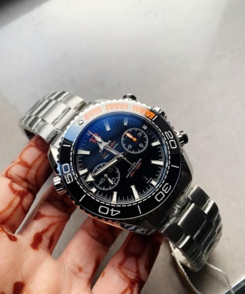 Planet Ocean SeaMaster Chronometer OMF SS Black/Orange Polished Bezel Black Dial on SS Bracelet A9900 (Black Balance Wheel) - Image 4