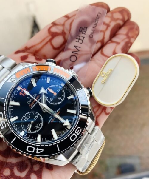 Planet Ocean SeaMaster Chronometer OMF SS Black/Orange Polished Bezel Black Dial on SS Bracelet A9900 (Black Balance Wheel) - Image 2