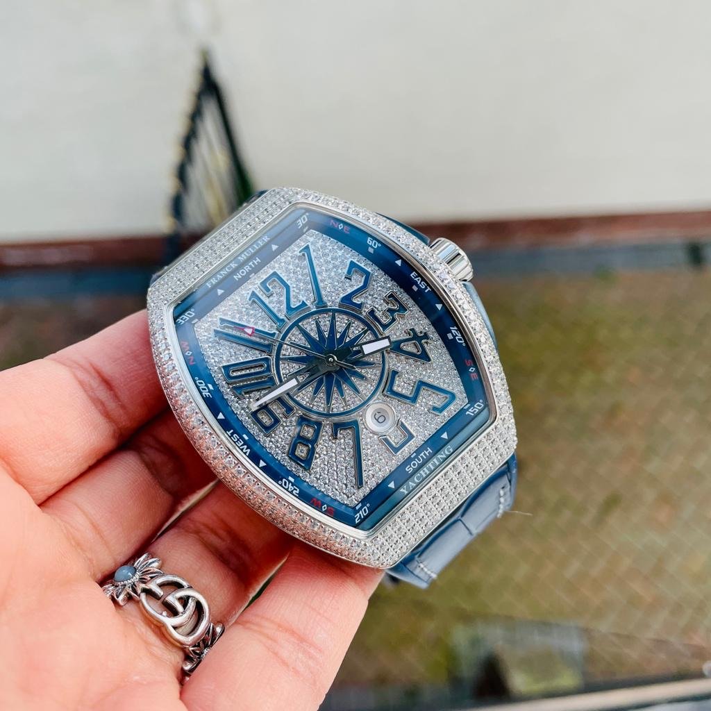 Vanguard V45 Full Paved Diamonds ZF 1:1 Best Edition Blue Textured Crystal Markers Dial on Blue Gummy Strap MIYOTA 9015