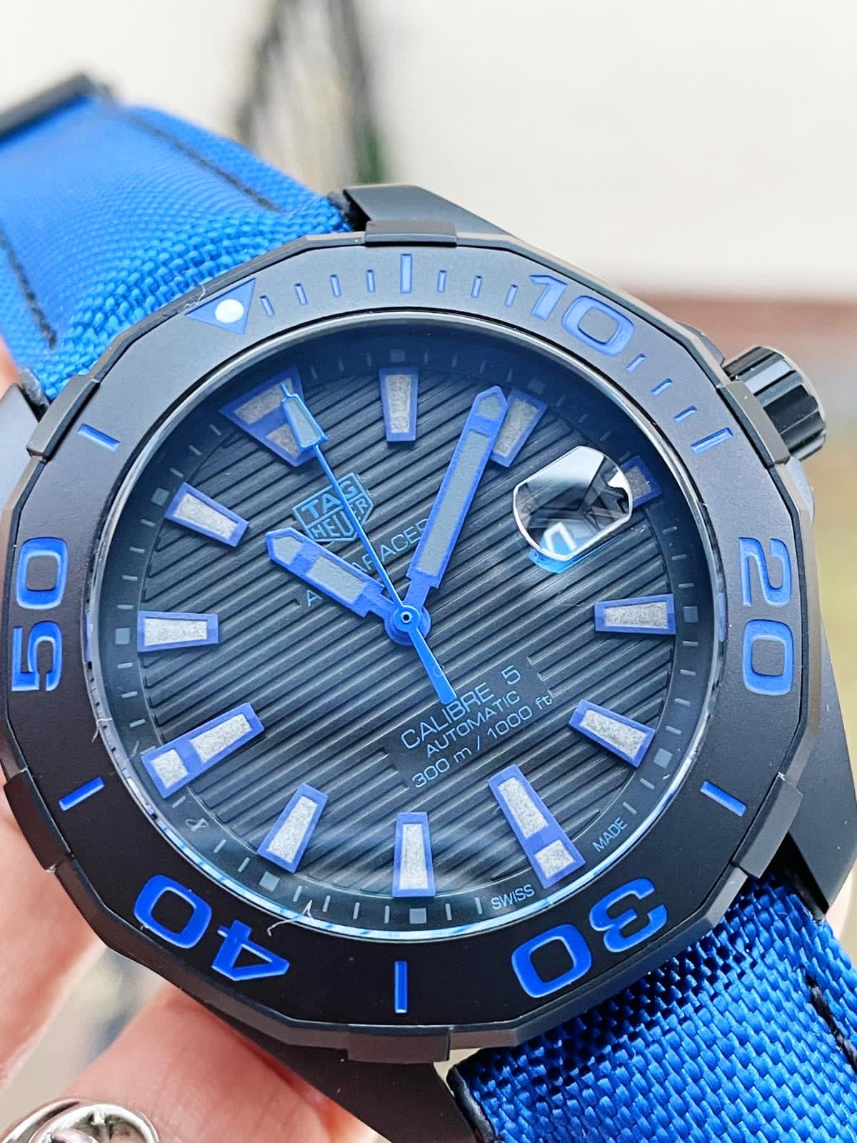 Aquaracer Calibre 43mm SS V6F Best Edition Black Blue Textured Dial Black Blue Ceramic Bezel on Blue Nylon Strap A2824 - Image 3