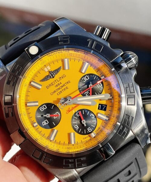 Chronomat 44mm Blacksteel GF 1:1 Special Edition Yellow Dial on Black Rubber Strap A7750 - Image 6