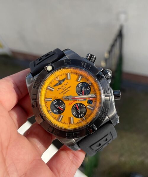 Chronomat 44mm Blacksteel GF 1:1 Special Edition Yellow Dial on Black Rubber Strap A7750