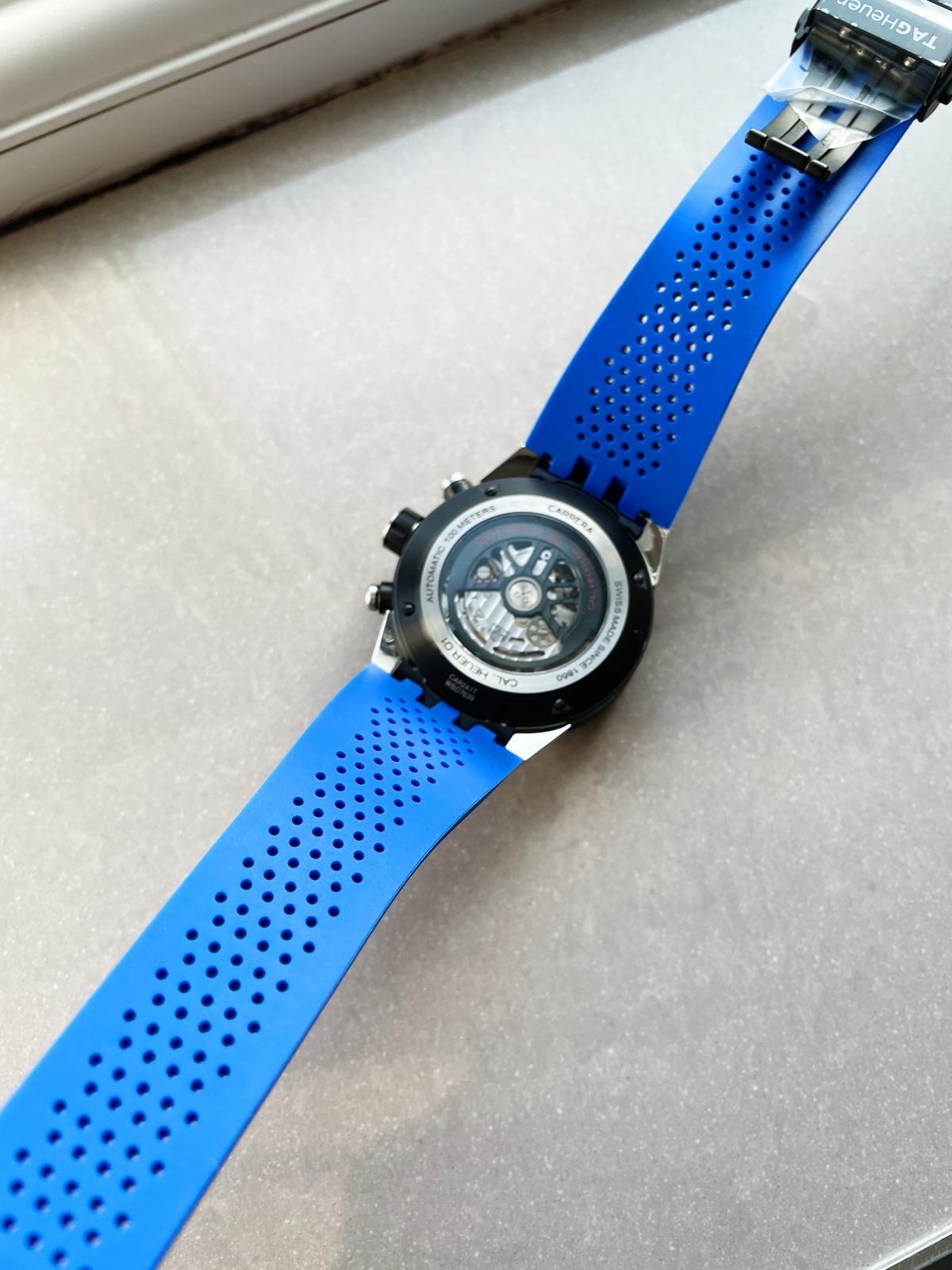 Calibre Heuer 01 Chrono SS/PVD XF 1:1 Best Edition Skeleton Dial Blue Hand on Blue Rubber Strap A1887 - Image 7