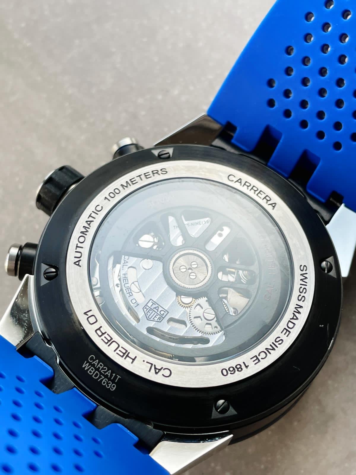Calibre Heuer 01 Chrono SS/PVD XF 1:1 Best Edition Skeleton Dial Blue Hand on Blue Rubber Strap A1887 - Image 8