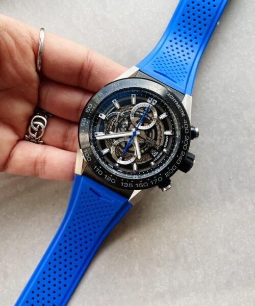 Calibre Heuer 01 Chrono SS/PVD XF 1:1 Best Edition Skeleton Dial Blue Hand on Blue Rubber Strap A1887 - Image 3
