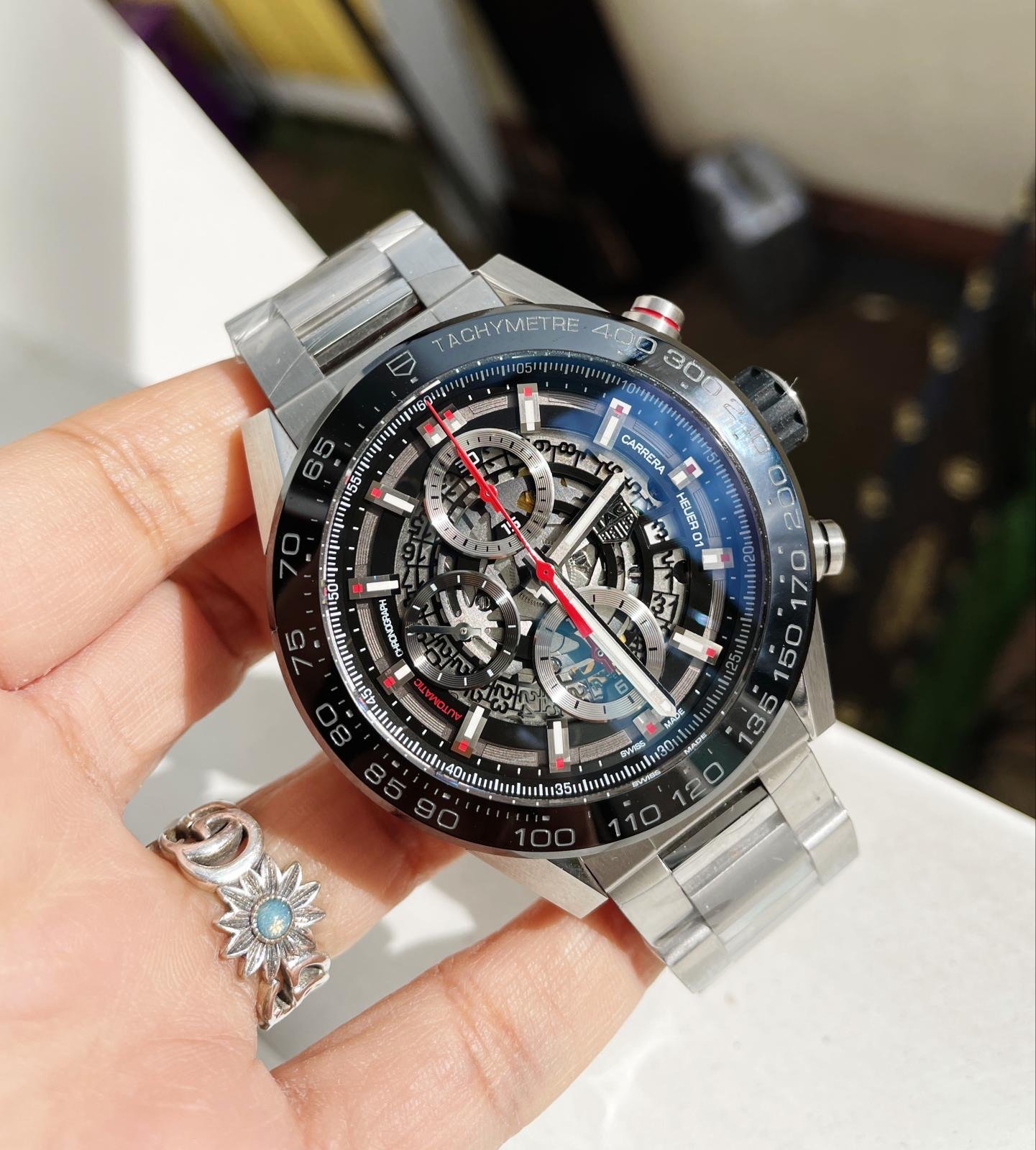 Calibre Heuer 01 Chrono SS/PVD XF Best Edition Skeleton Dial Red Hand on SS Bracelet A1887 - Image 3