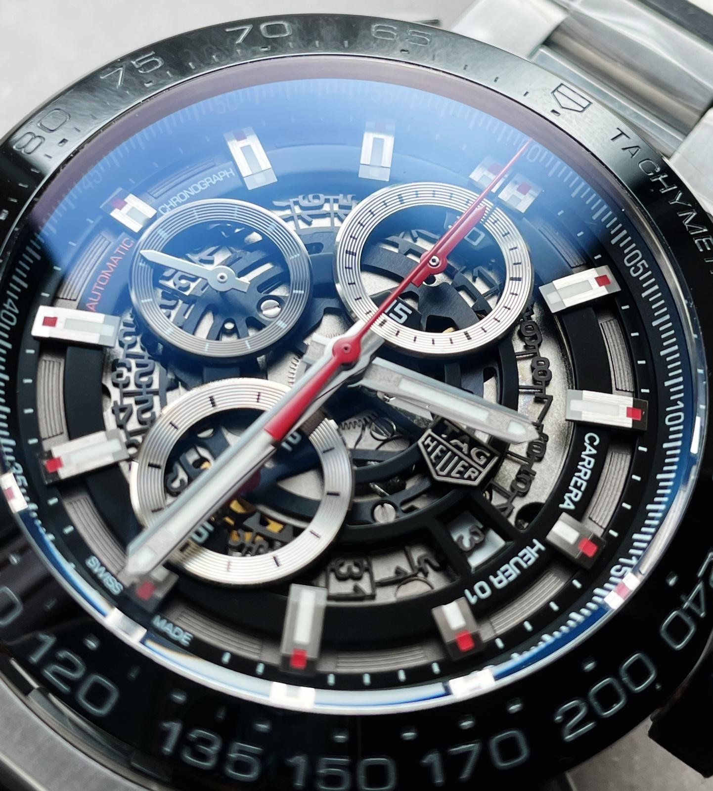 Calibre Heuer 01 Chrono SS/PVD XF Best Edition Skeleton Dial Red Hand on SS Bracelet A1887 - Image 4