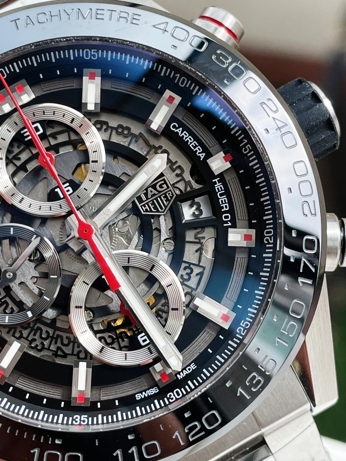 Calibre Heuer 01 Chrono SS/PVD XF Best Edition Skeleton Dial Red Hand on SS Bracelet A1887 - Image 6