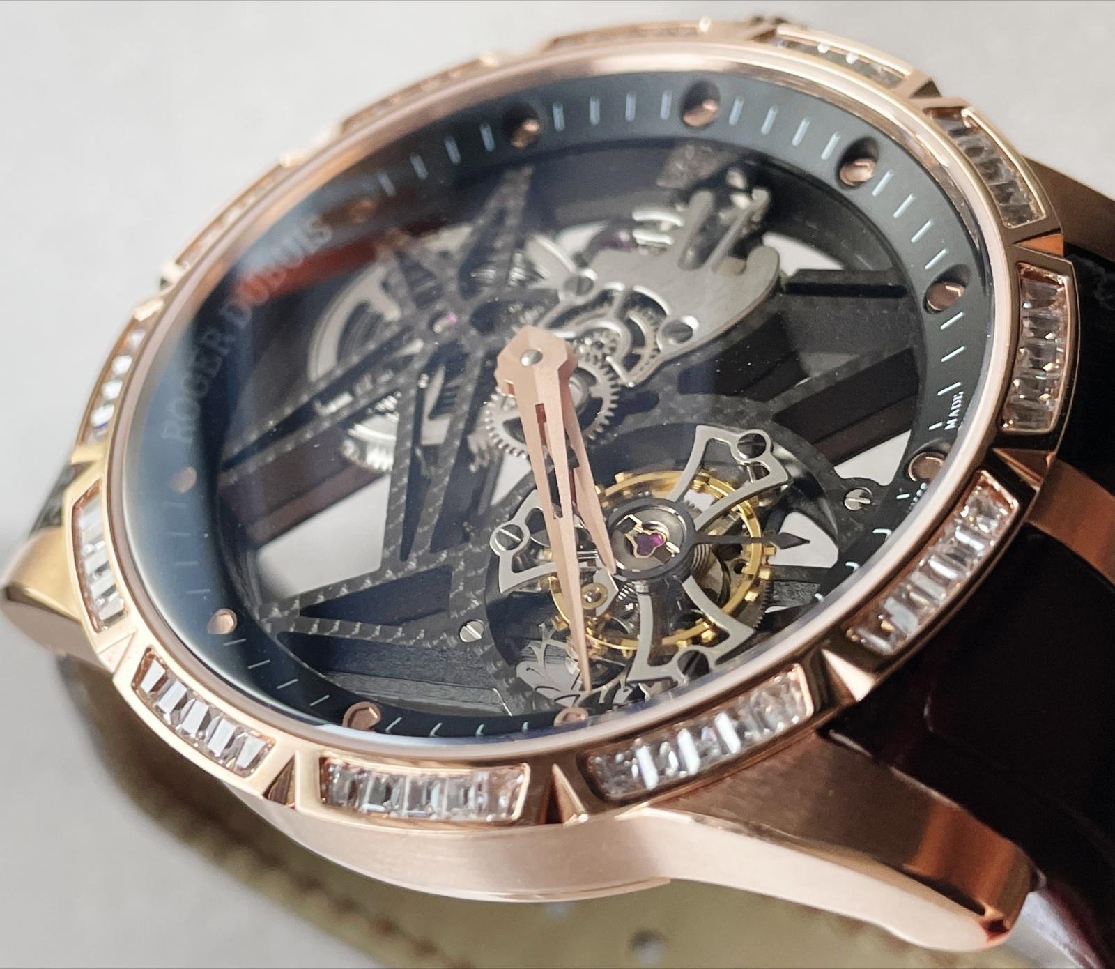 EXCALIBUR RDDBEX0393 RG CRYSTALS BEZEL BBR BEST EDITION SKELETON DIAL ON BROWN LEATHER STRAP A2136 TOURBILLON V2 - Image 2