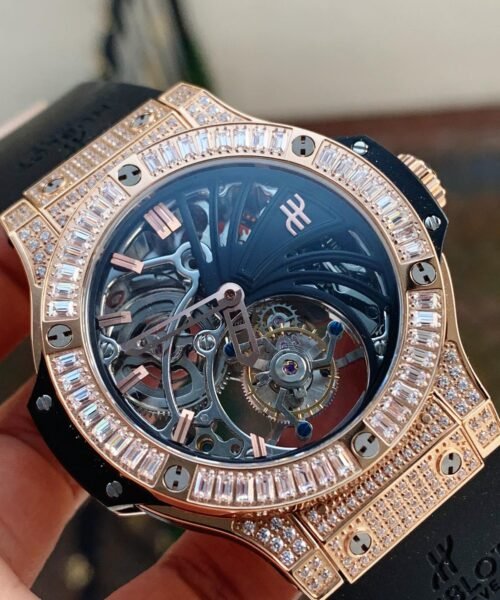 Big Bang Tourbillon Automatic ICED OUT 18K GOLD PLATED Textured Dial on Black Rubber Strap - Image 2