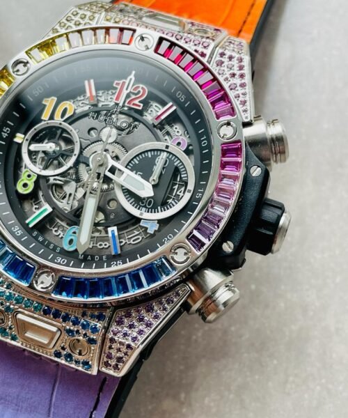 Big Bang Unico Titanium Rainbow SS/Diam Diam Bezel Black Skeletonal Dial on Rubber Strap ZF A1280 - Image 8