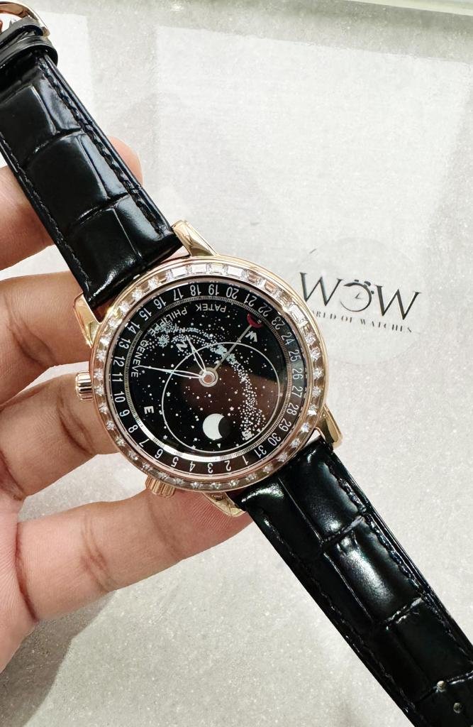 6104P Moon RG Black Dial Diamond Bezel on Black Leather Strap A240 V2