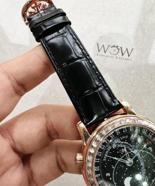 6104P Moon RG Black Dial Diamond Bezel on Black Leather Strap A240 V2 - Image 5
