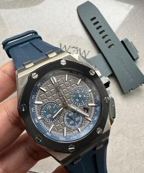 APF Royal Oak Offshore 44mm SS Black Ceramic Bezel Best Edition Gray/Blue Dial on Gray Rubber Strap A3126 - Image 3