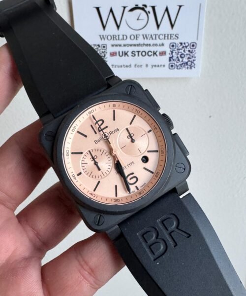 BR03-94 Chronograph 42mm Black bezel BRF Salmon Dial on Rubber strap Strap A2824 - Image 2