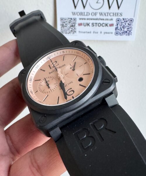 BR03-94 Chronograph 42mm Black bezel BRF Salmon Dial on Rubber strap Strap A2824 - Image 3