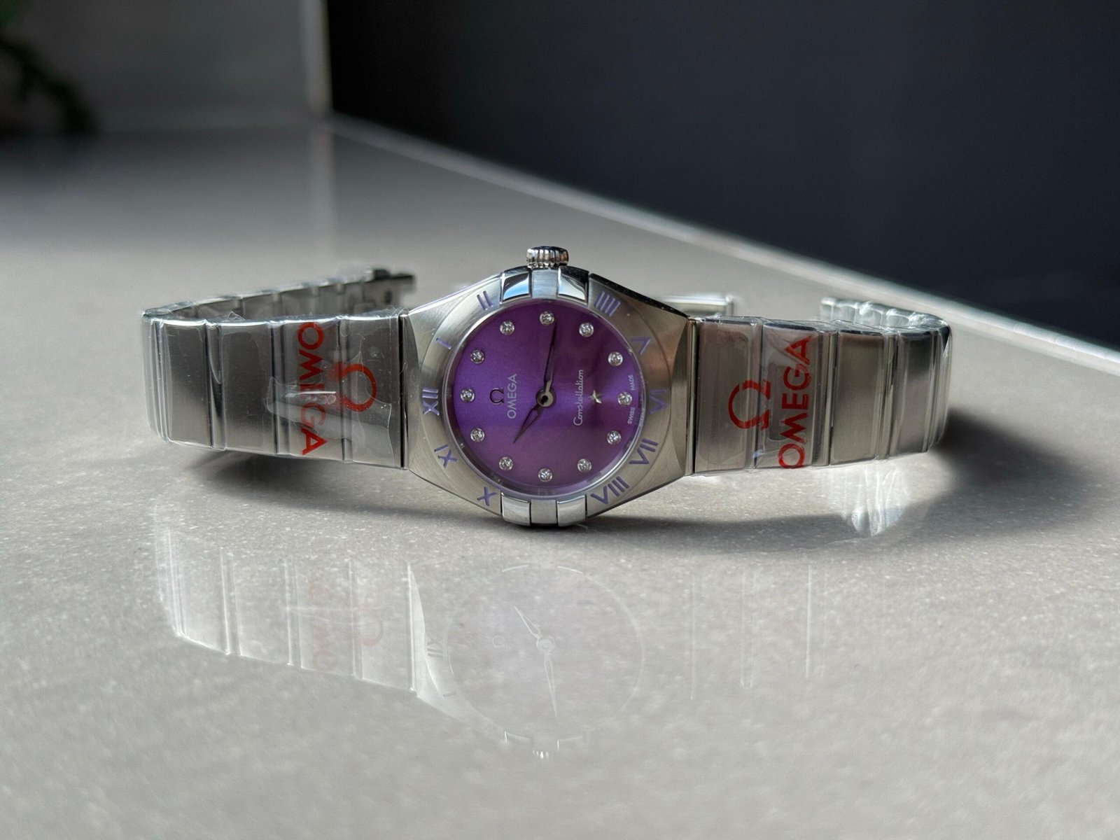 Constellation Ladies 28mm SS Purple Dial Diamonds Markers on SS Bracelet ETA Quartz - Image 9