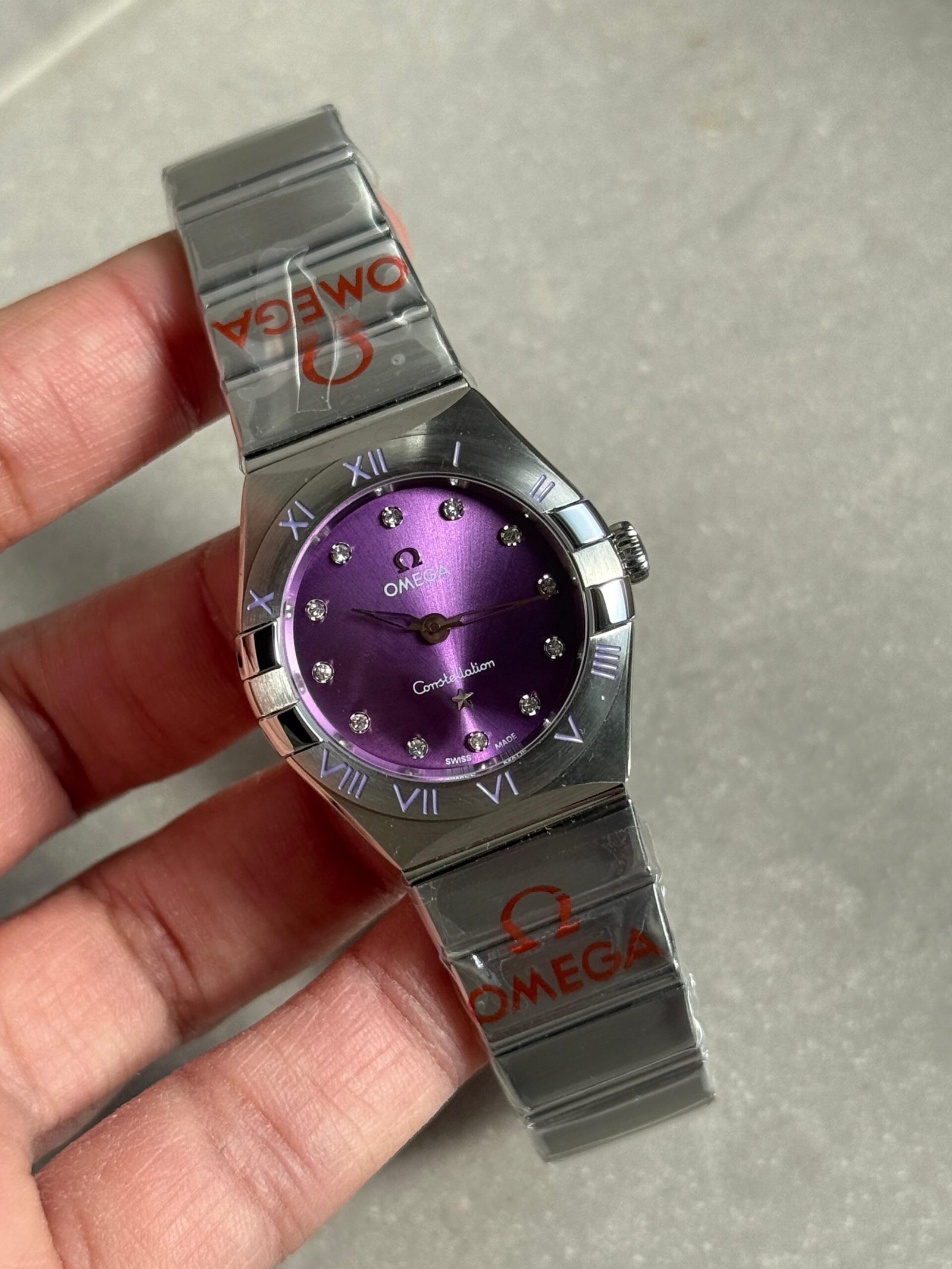 Constellation Ladies 28mm SS Purple Dial Diamonds Markers on SS Bracelet ETA Quartz