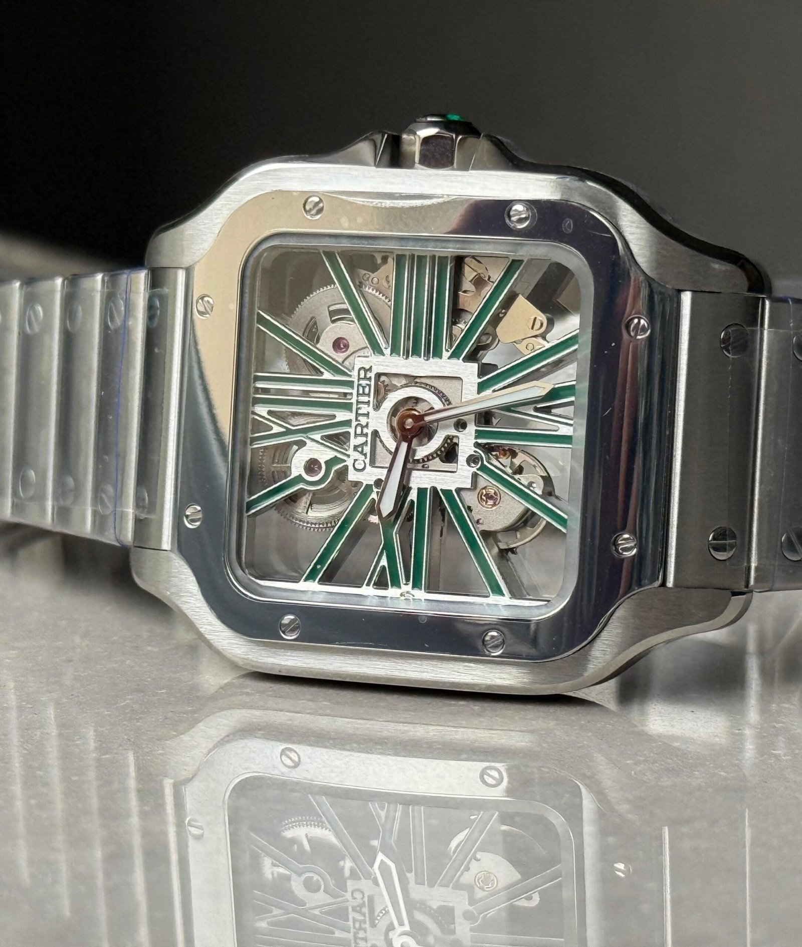 Santos Skeleton SS MLF Skeleton Green Dial on SS SmartLink Bracelet 9611MC SC - Image 6