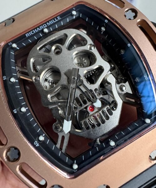 RM052-01 Skull Rose Gold EUR Best Edition Skull Skeleton Dial on Black Rubber Strap Manual Winding - Image 3