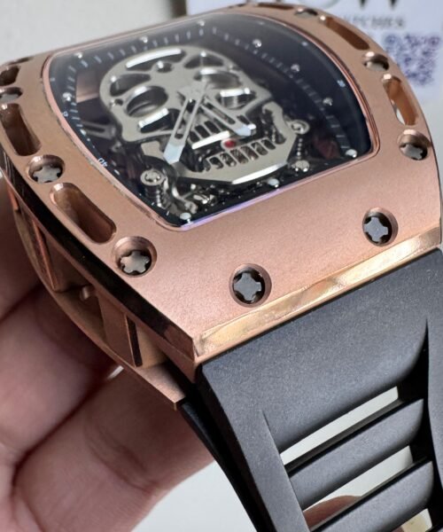 RM052-01 Skull Rose Gold EUR Best Edition Skull Skeleton Dial on Black Rubber Strap Manual Winding - Image 5