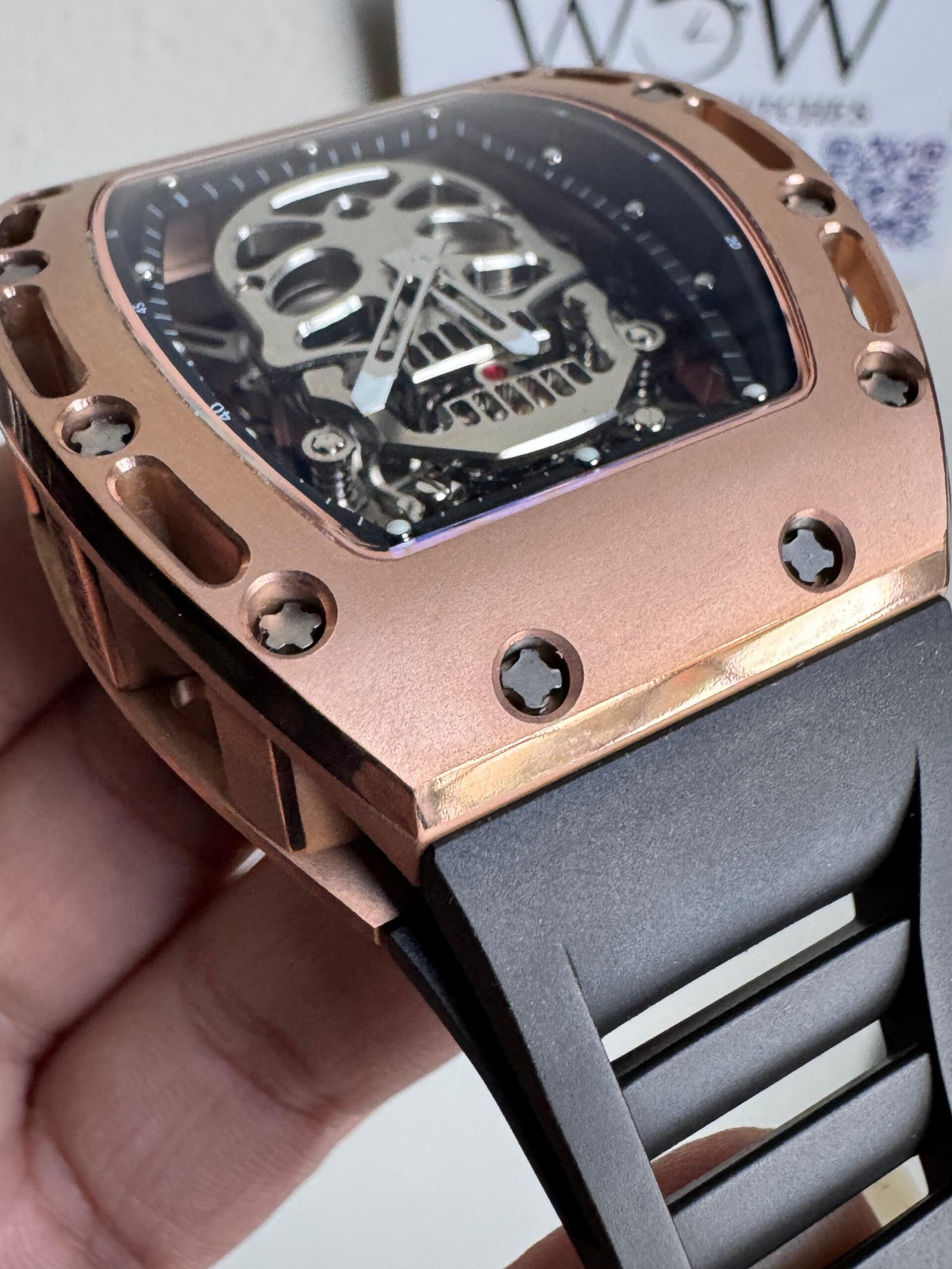 RM052-01 Skull Rose Gold EUR Best Edition Skull Skeleton Dial on Black Rubber Strap Manual Winding - Image 5