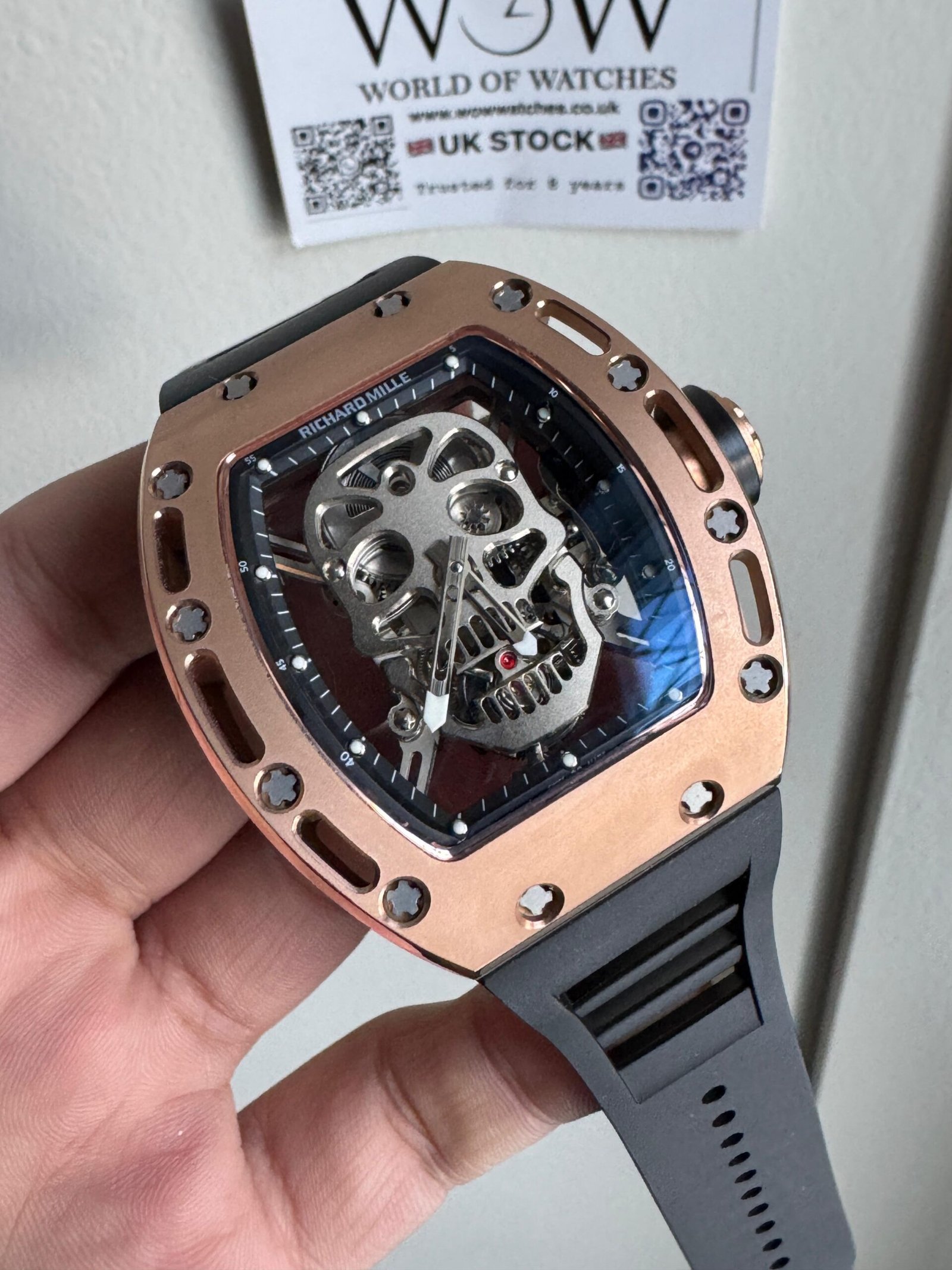 RM052-01 Skull Rose Gold EUR Best Edition Skull Skeleton Dial on Black Rubber Strap Manual Winding