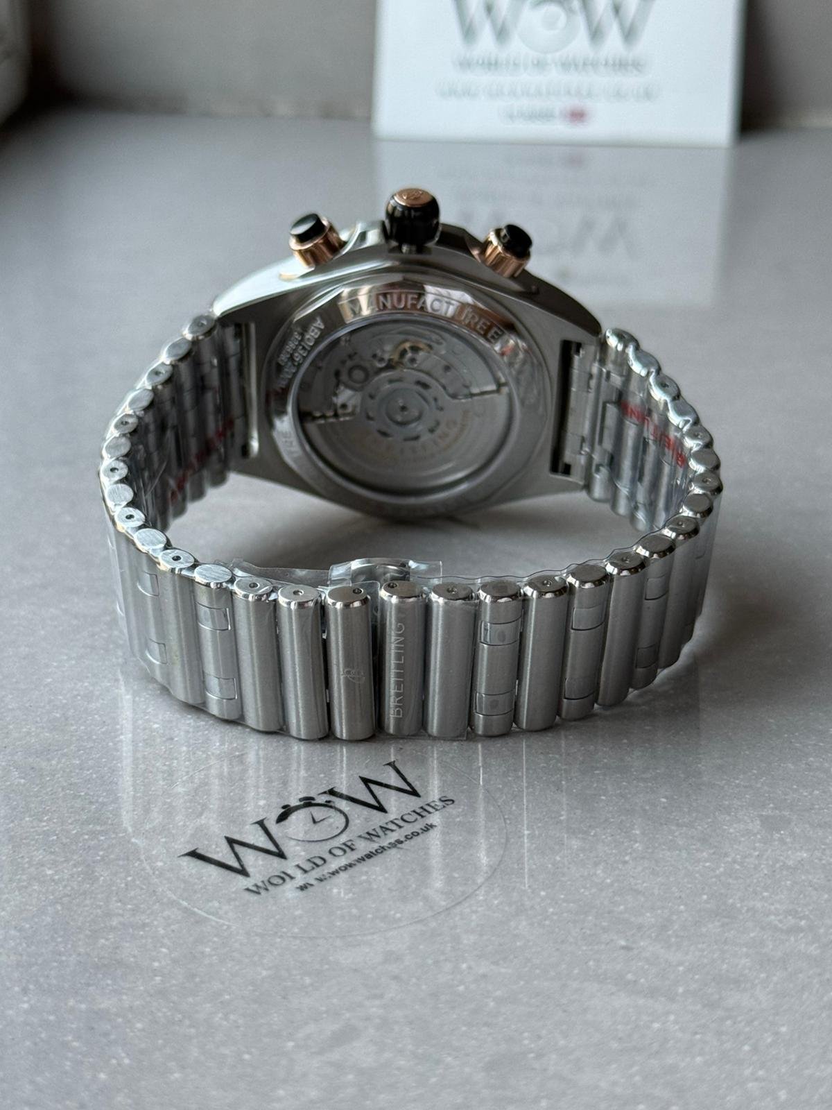 Chronomat B01 42mm BLS Best Edition Two Tone Rose Gold Bezel Black Dial on SS Rouleaux Bracelet A7750 - Image 2