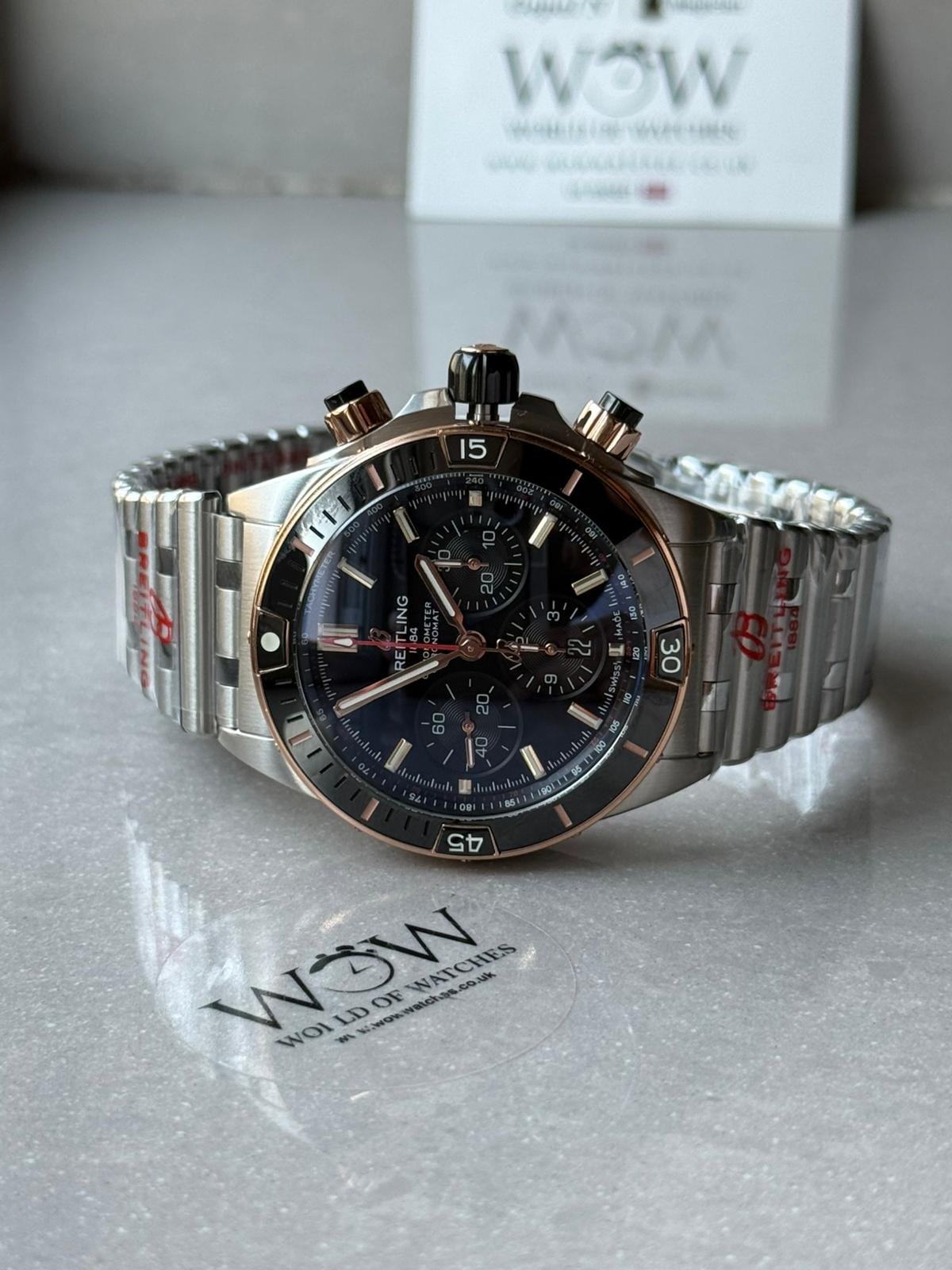 Chronomat B01 42mm BLS Best Edition Two Tone Rose Gold Bezel Black Dial on SS Rouleaux Bracelet A7750 - Image 3