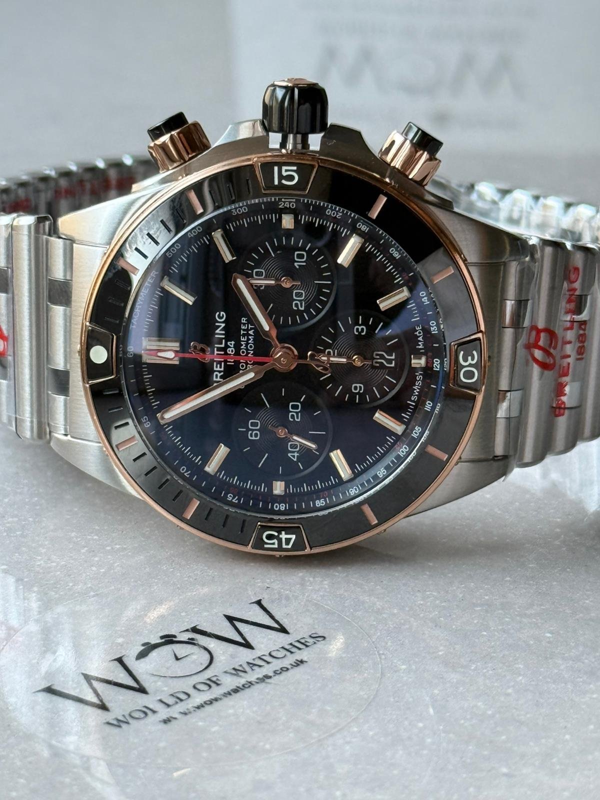 Chronomat B01 42mm BLS Best Edition Two Tone Rose Gold Bezel Black Dial on SS Rouleaux Bracelet A7750 - Image 5