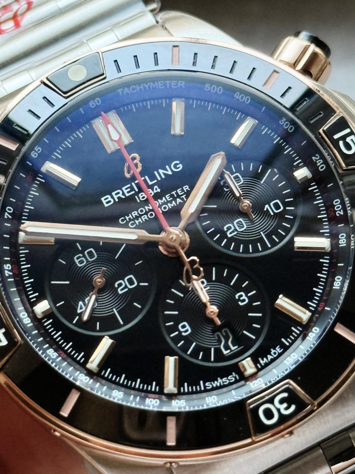 Chronomat B01 42mm BLS Best Edition Two Tone Rose Gold Bezel Black Dial on SS Rouleaux Bracelet A7750 - Image 12