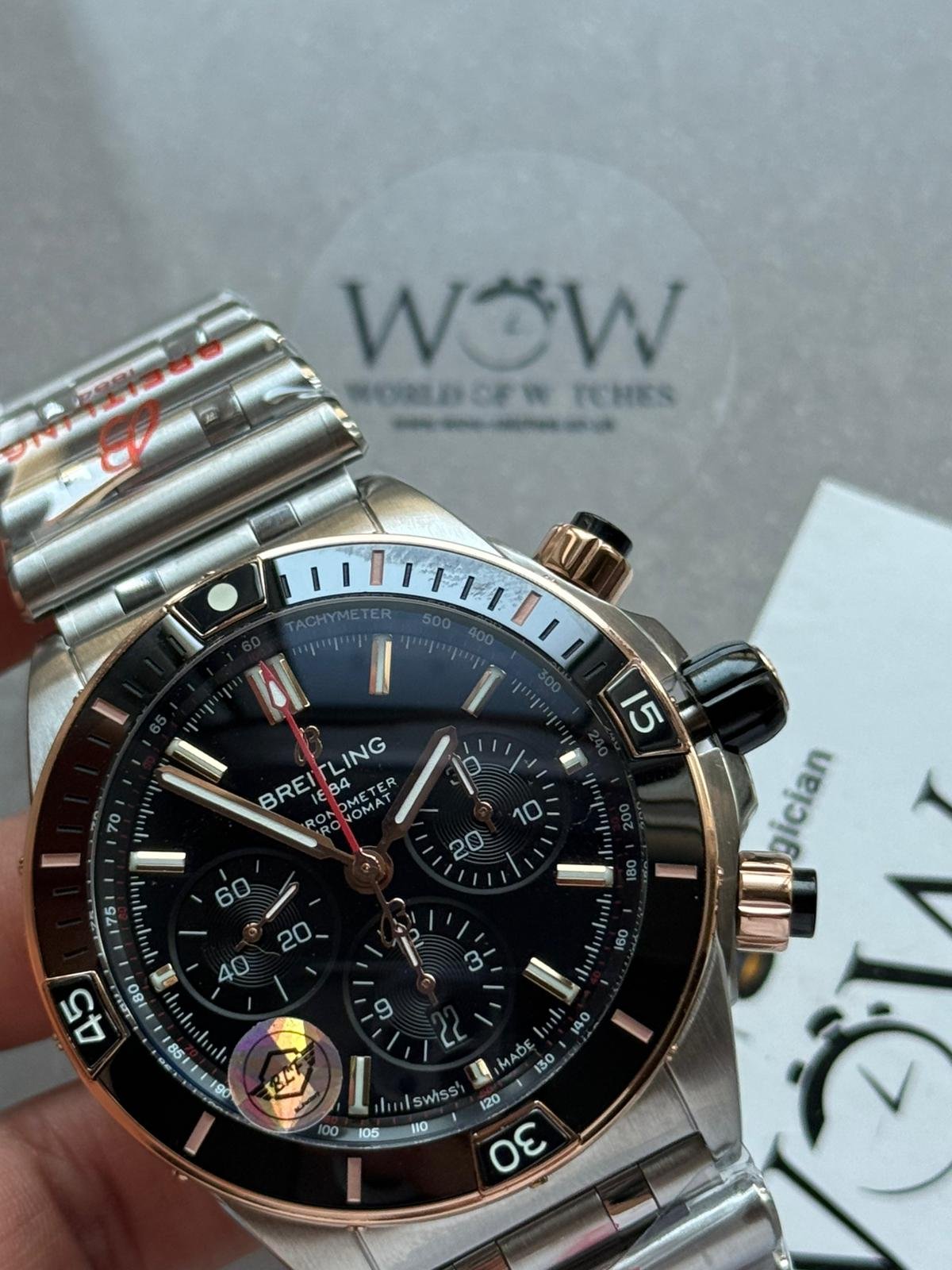 Chronomat B01 42mm BLS Best Edition Two Tone Rose Gold Bezel Black Dial on SS Rouleaux Bracelet A7750 - Image 13