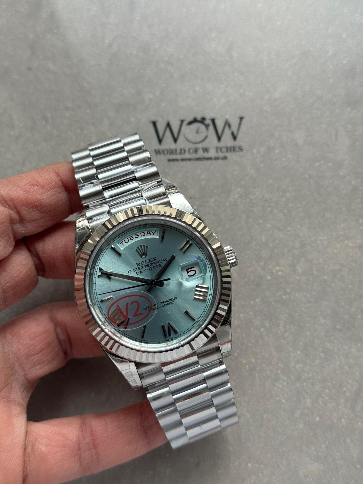 DayDate 40 228239 VSF Best Edition ice /sky blue Roman Dial on President Bracelet VS3255 V2 heavy weight